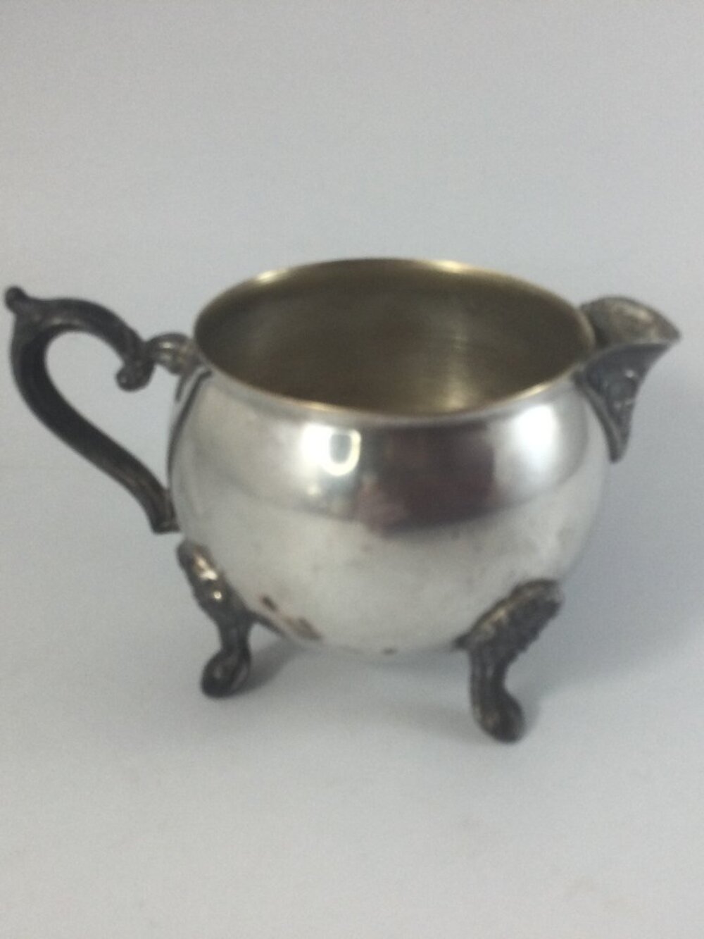 Vintage Leonard Silverplated Creamer Scroll Handle Footed 2.75" H
